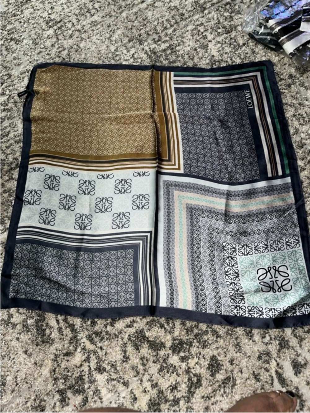 Loewe Navy, Olive & Cream Silk Scarf with Logo Tag